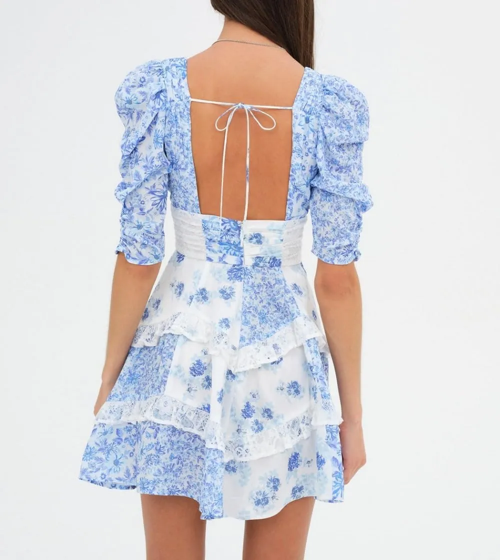 Women Floral Puff Sleeve Mini Dress Boho Ruffle A Line Babydoll Dress Cute Graphic Backless Summer Sundress
