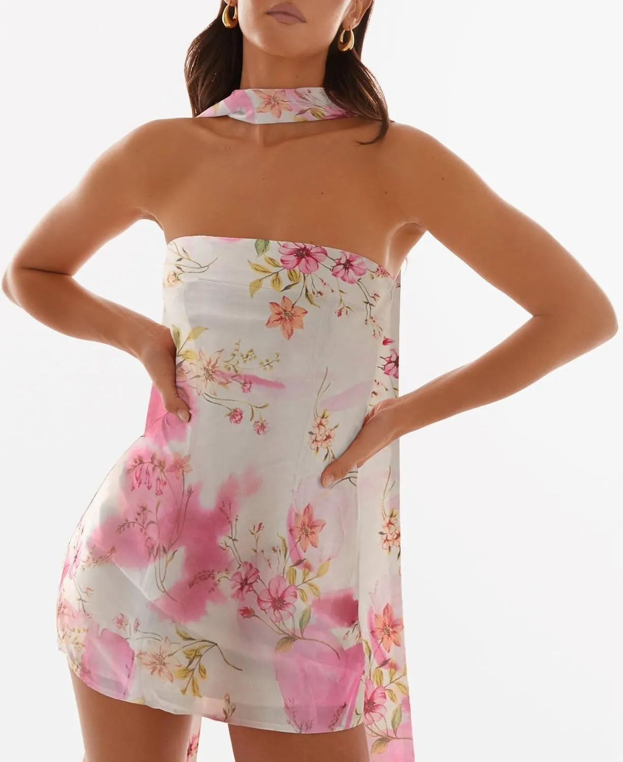 Women Floral Strapless Tube Mini Dress Y2K Flower Backless Bodycon Summer Formal Cocktail Short Dress with Scarf