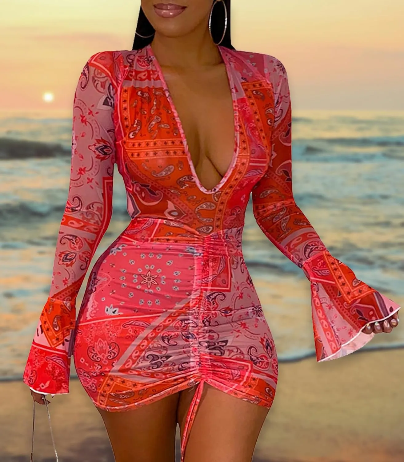 Women Floral Tie Dye Sexy Sheer Mesh Mini Dress Stretchy Printed Club Night Out Dresses Beach Cover Up Dress