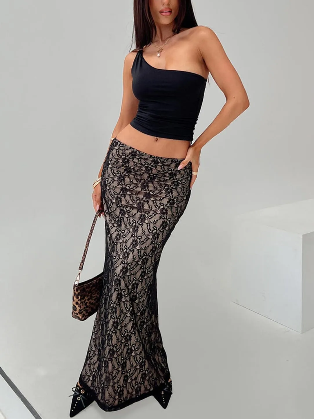 Women Lace Maxi Skirt Y2K Sexy Low Waist Sheer Mesh A-Line Long Skirt Slim Fit Floral Beach Cover Up Fairy Streatwear