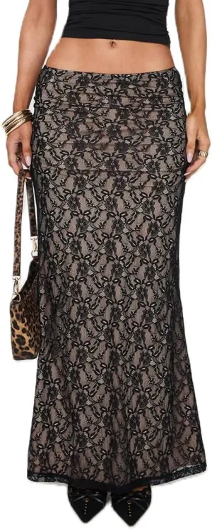 Women Lace Maxi Skirt Y2K Sexy Low Waist Sheer Mesh A-Line Long Skirt Slim Fit Floral Beach Cover Up Fairy Streatwear