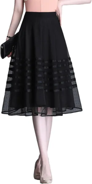 Women Mesh Skirt Spring Summer Drape Pleated Elastic Waist Fashion Flowy Midi Skirt
