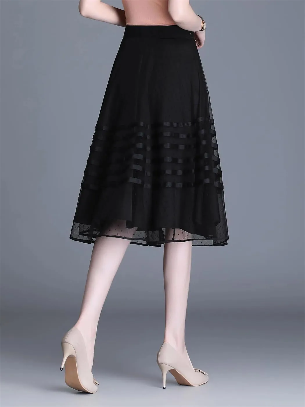 Women Mesh Skirt Spring Summer Drape Pleated Elastic Waist Fashion Flowy Midi Skirt