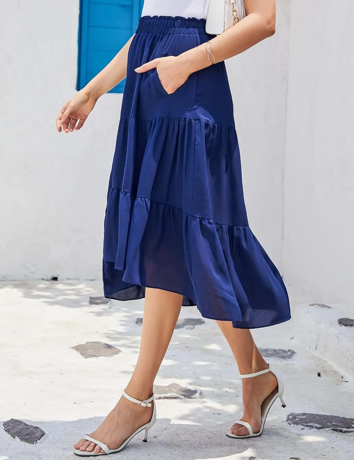 Women Midi Boho Elastic High Waist Ruffle A Line High Low Hem Tiered Maxi Long Skirt with Pockets