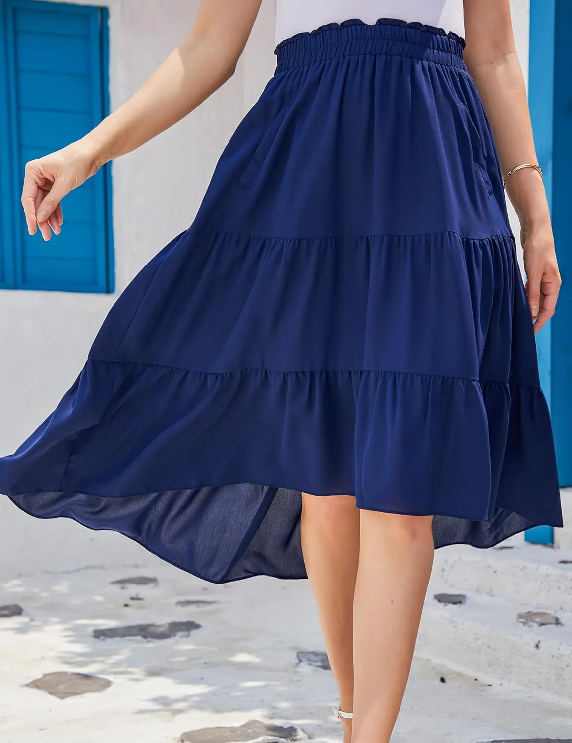 Women Midi Boho Elastic High Waist Ruffle A Line High Low Hem Tiered Maxi Long Skirt with Pockets