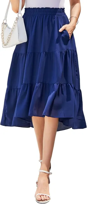 Women Midi Boho Elastic High Waist Ruffle A Line High Low Hem Tiered Maxi Long Skirt with Pockets
