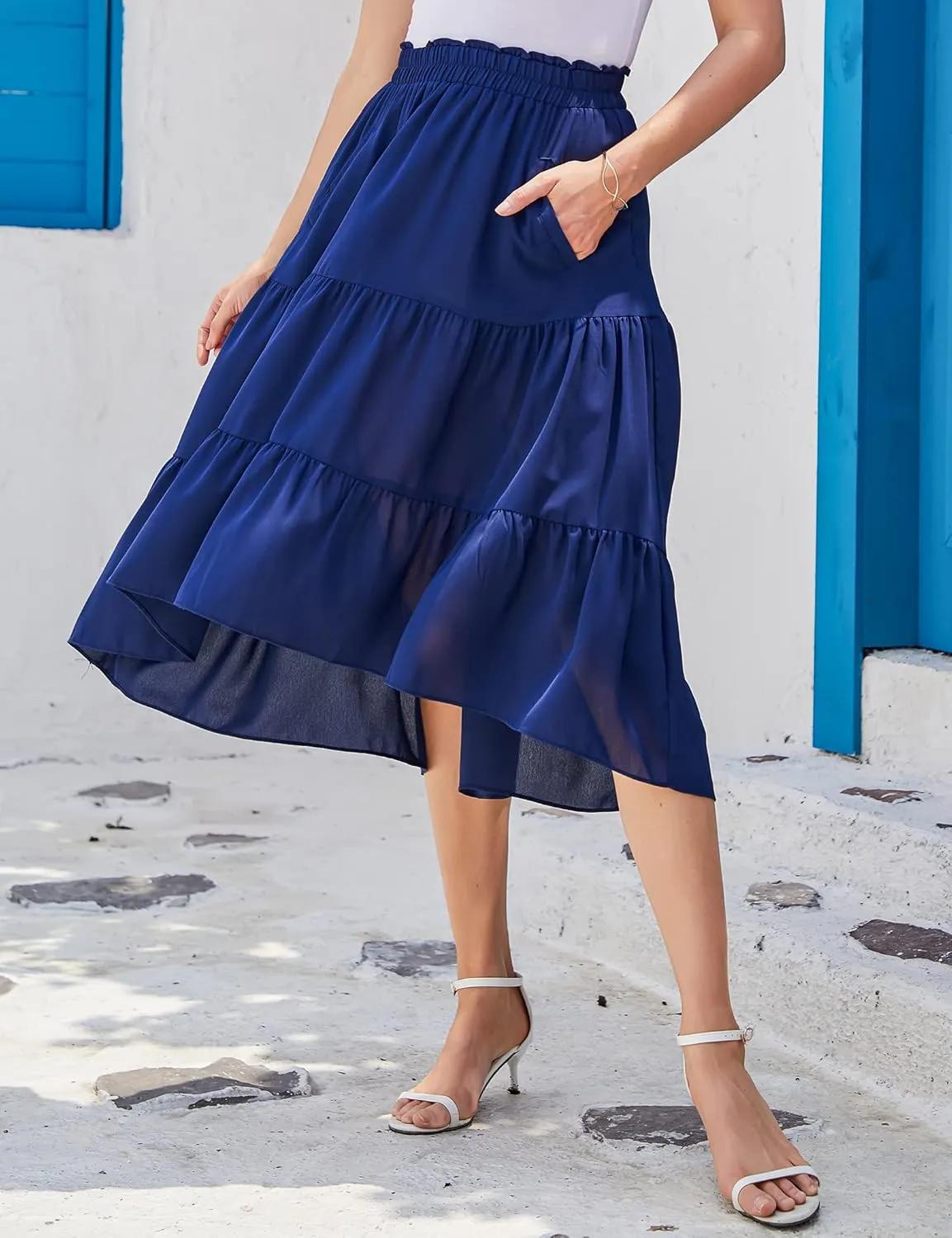 Women Midi Boho Elastic High Waist Ruffle A Line High Low Hem Tiered Maxi Long Skirt with Pockets
