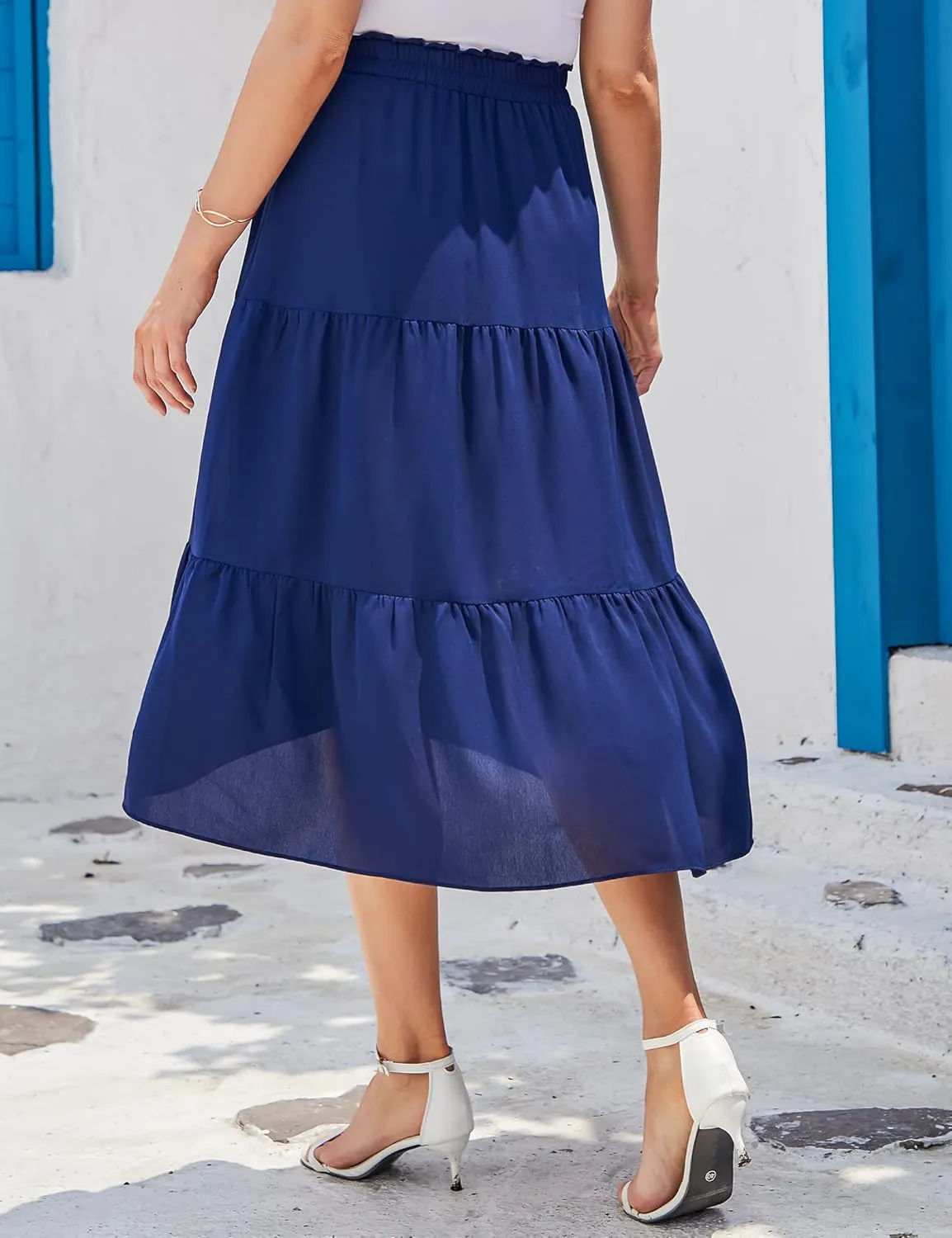 Women Midi Boho Elastic High Waist Ruffle A Line High Low Hem Tiered Maxi Long Skirt with Pockets