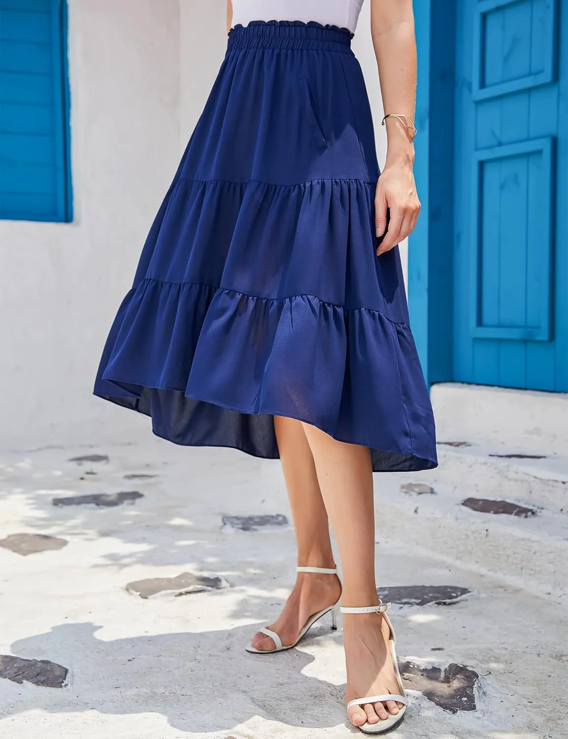 Women Midi Boho Elastic High Waist Ruffle A Line High Low Hem Tiered Maxi Long Skirt with Pockets