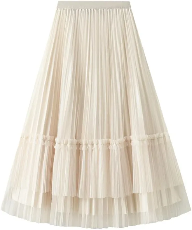 Women Pleated Skirt Fashion Midi Long Velvet Skirts Mesh Skirt