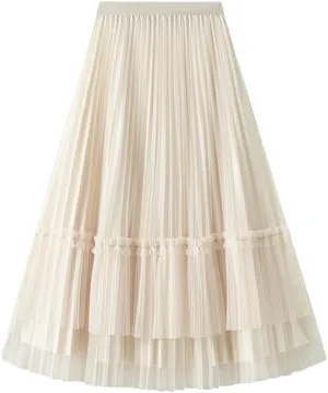 Women Pleated Skirt Fashion Midi Long Velvet Skirts Mesh Skirt