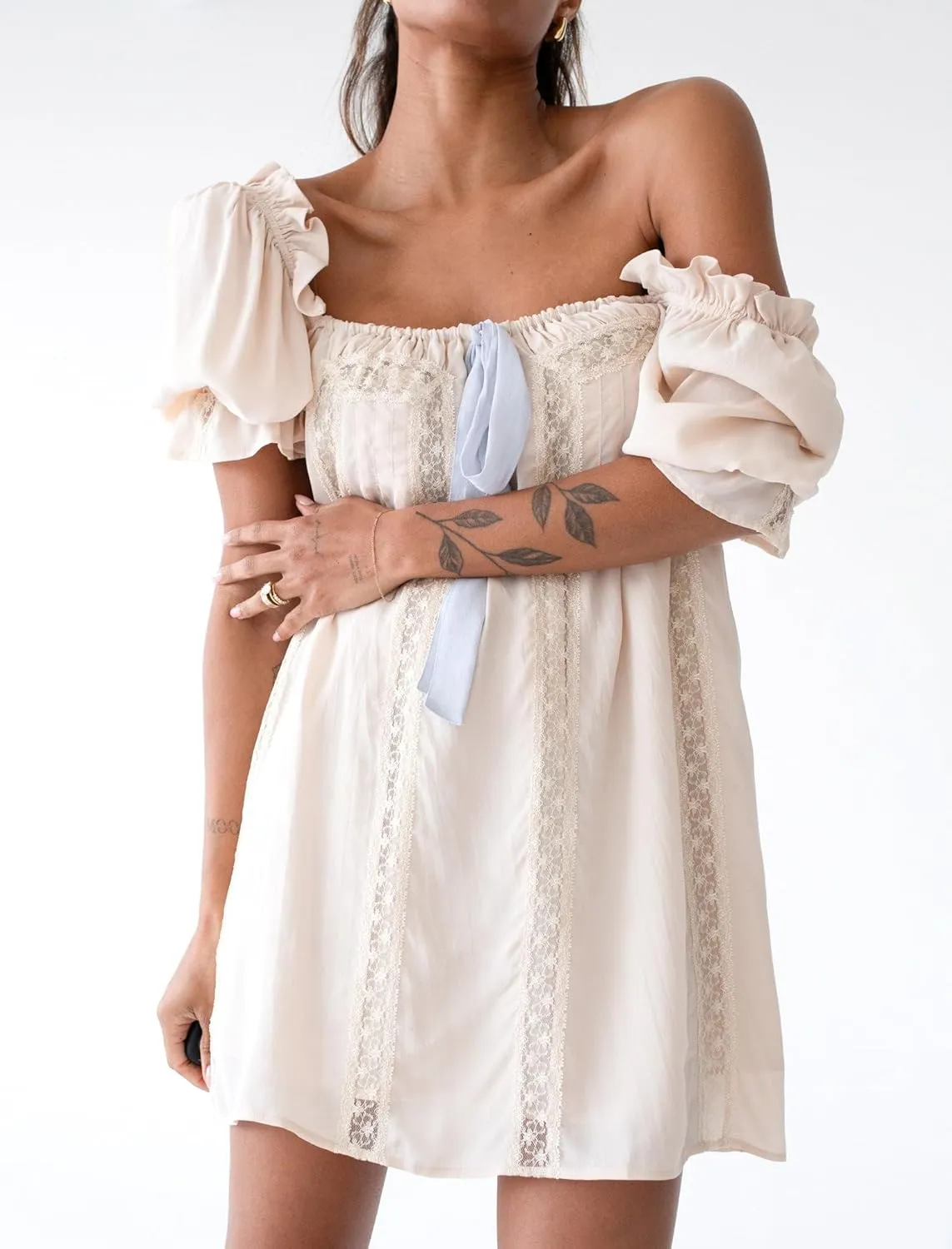 Women Square Neck Summer Mini Dress Puff Sleeve Bow Tie Babydoll Dress Loose Floral Flowy Sundress