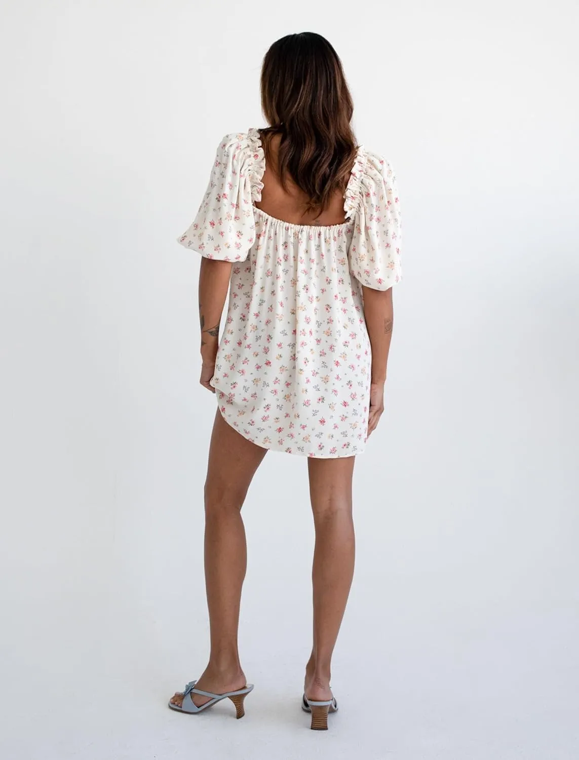 Women Square Neck Summer Mini Dress Puff Sleeve Bow Tie Babydoll Dress Loose Floral Flowy Sundress