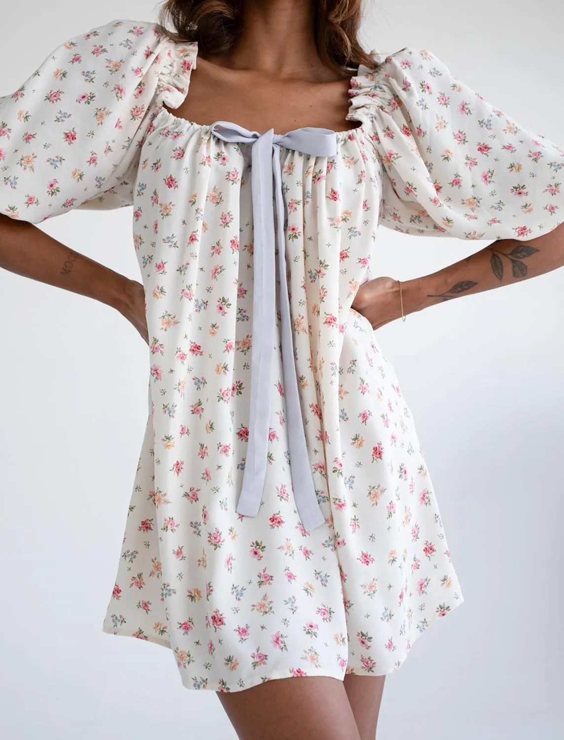 Women Square Neck Summer Mini Dress Puff Sleeve Bow Tie Babydoll Dress Loose Floral Flowy Sundress