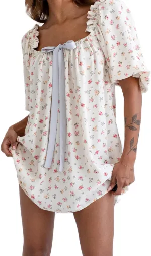 Women Square Neck Summer Mini Dress Puff Sleeve Bow Tie Babydoll Dress Loose Floral Flowy Sundress