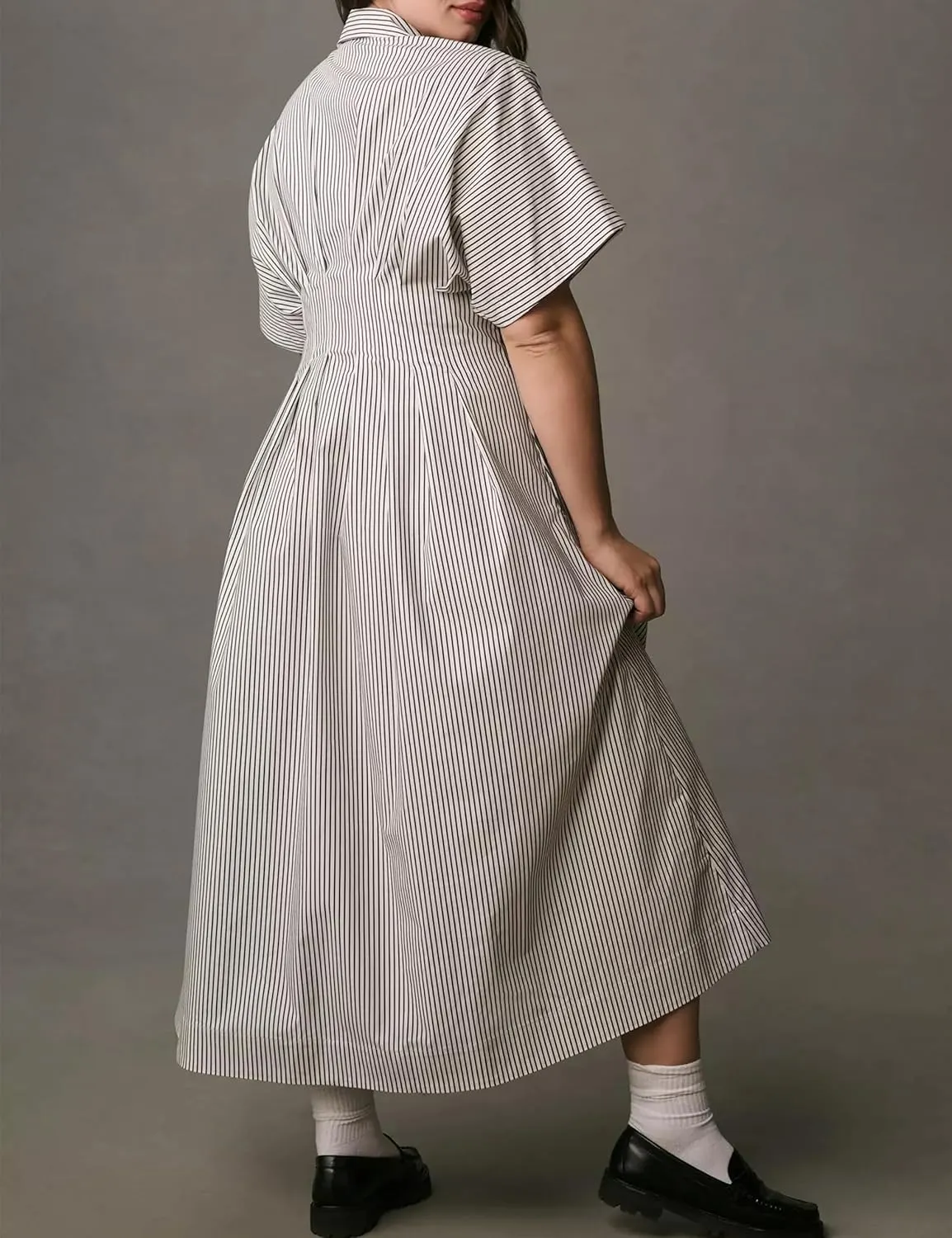Women Striped Button Front Pleated Maxi Shirt Dress Short Sleeve Collar V Neck Summer Casual Corset Long Dress