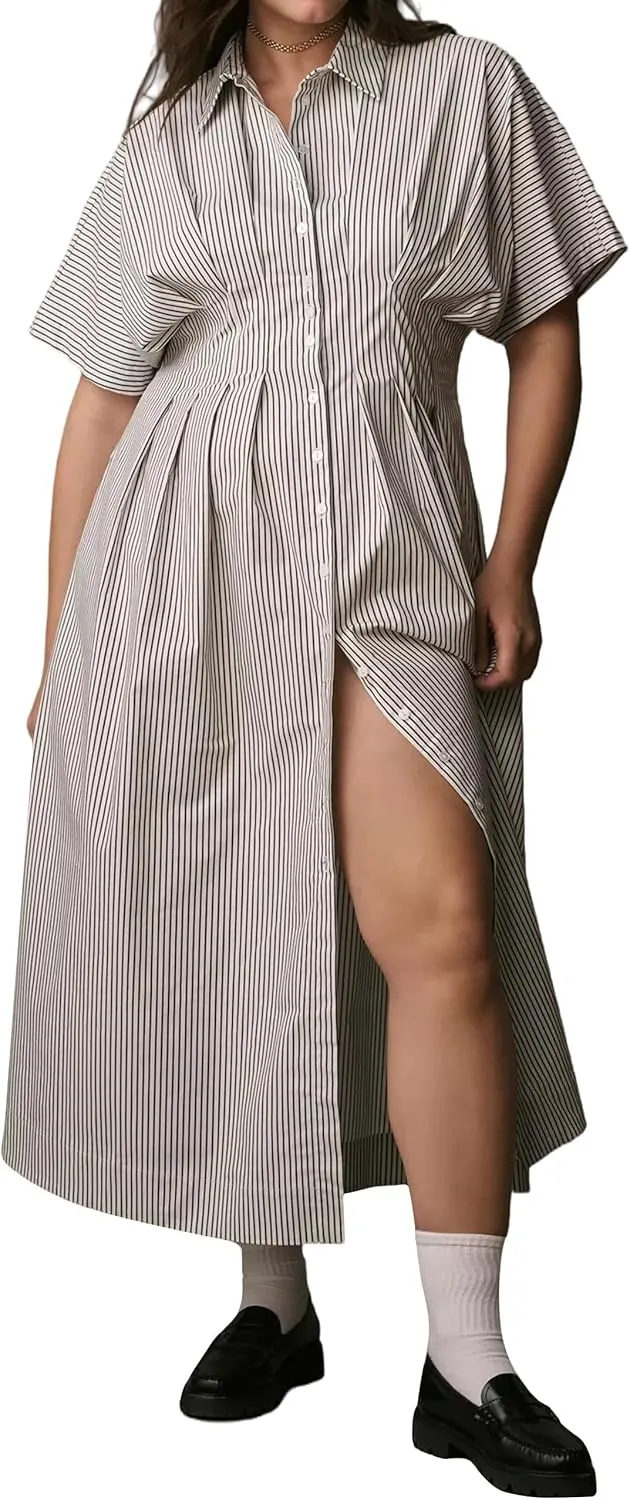 Women Striped Button Front Pleated Maxi Shirt Dress Short Sleeve Collar V Neck Summer Casual Corset Long Dress