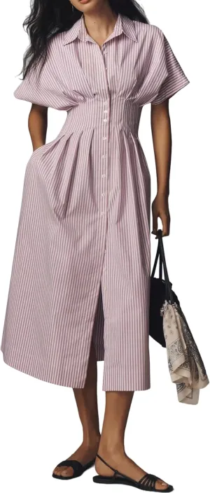Women Striped Button Front Pleated Maxi Shirt Dress Short Sleeve Collar V Neck Summer Casual Corset Long Dress