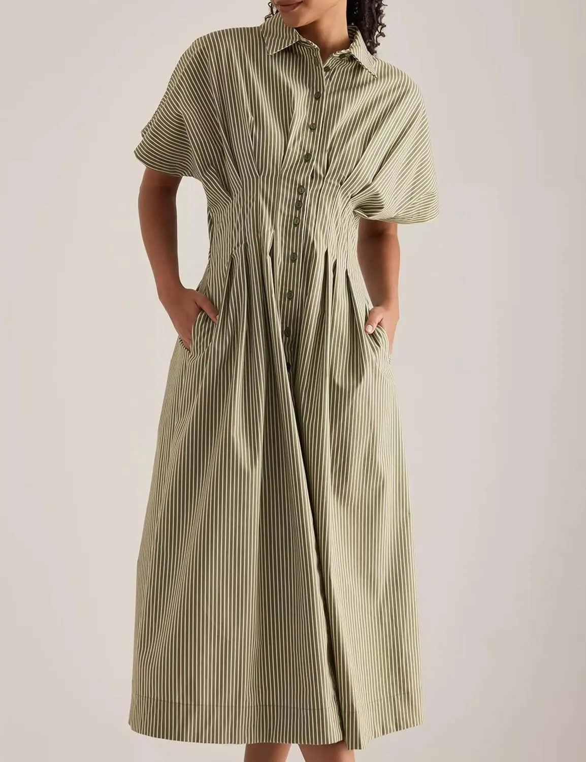 Women Striped Button Front Pleated Maxi Shirt Dress Short Sleeve Collar V Neck Summer Casual Corset Long Dress