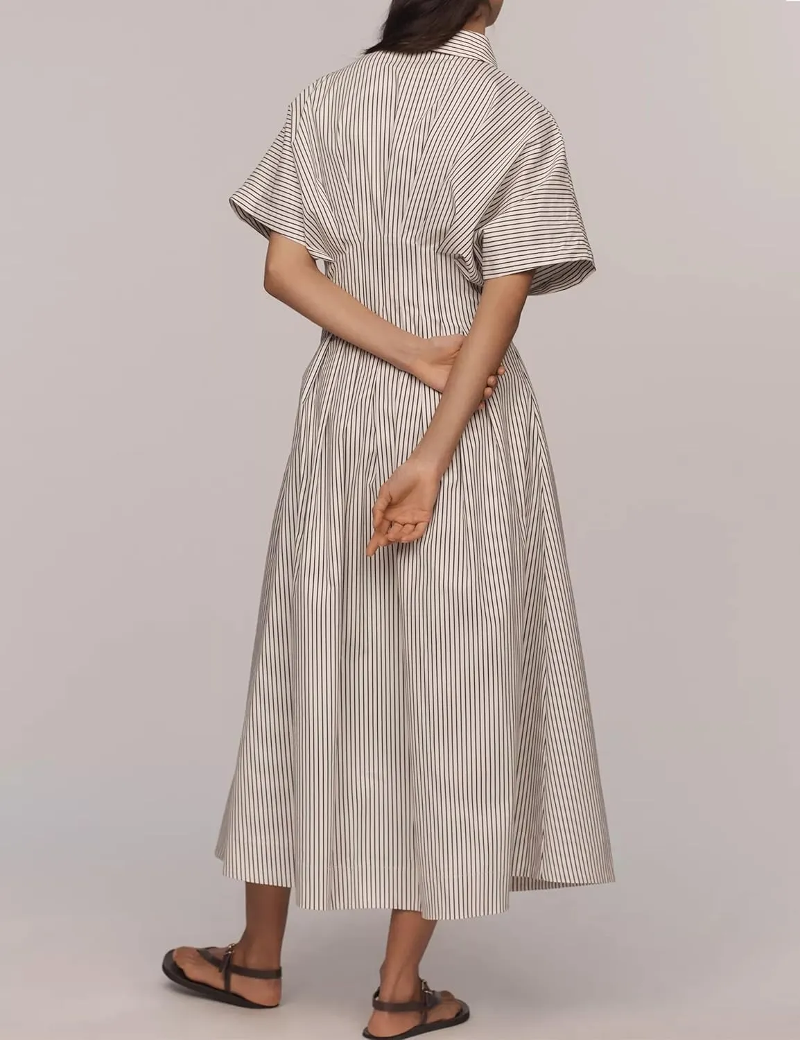 Women Striped Button Front Pleated Maxi Shirt Dress Short Sleeve Collar V Neck Summer Casual Corset Long Dress