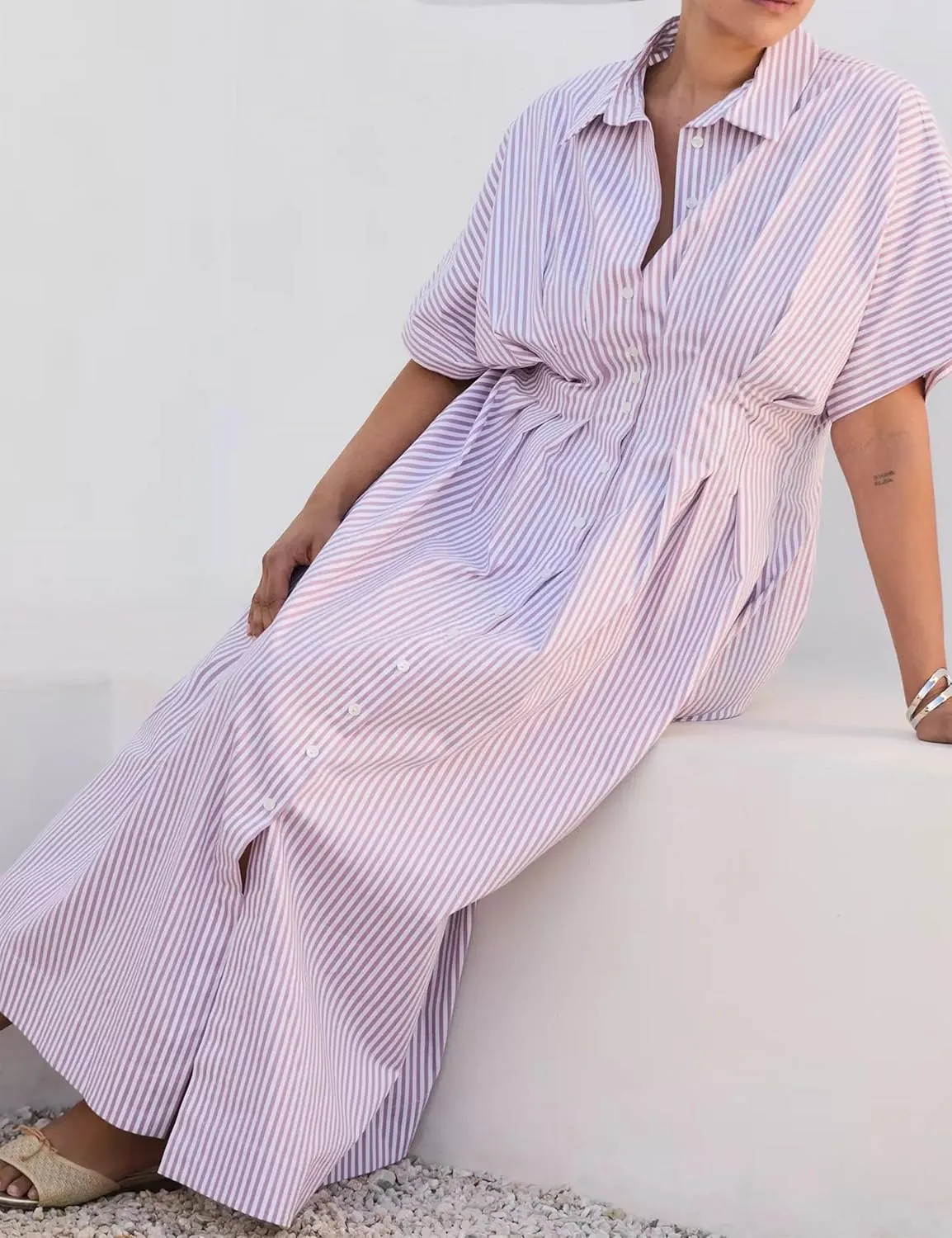Women Striped Button Front Pleated Maxi Shirt Dress Short Sleeve Collar V Neck Summer Casual Corset Long Dress