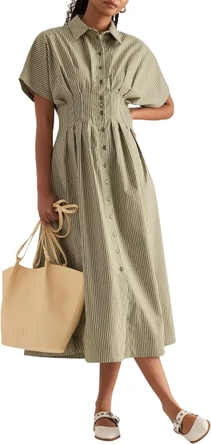 Women Striped Button Front Pleated Maxi Shirt Dress Short Sleeve Collar V Neck Summer Casual Corset Long Dress