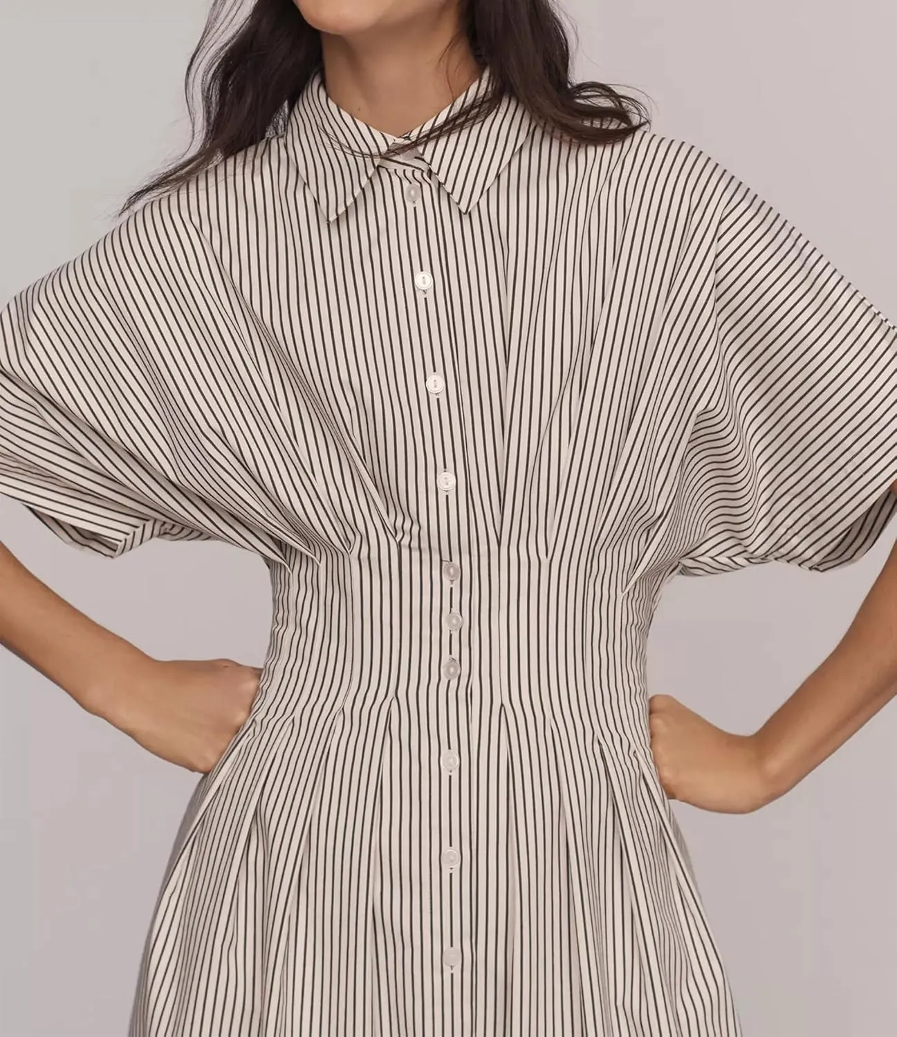 Women Striped Button Front Pleated Maxi Shirt Dress Short Sleeve Collar V Neck Summer Casual Corset Long Dress