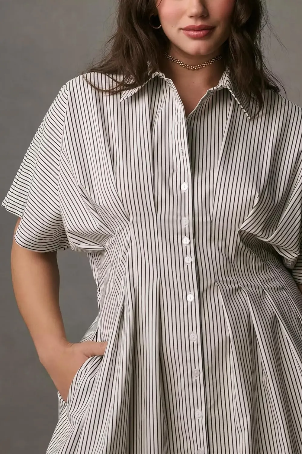 Women Striped Button Front Pleated Maxi Shirt Dress Short Sleeve Collar V Neck Summer Casual Corset Long Dress