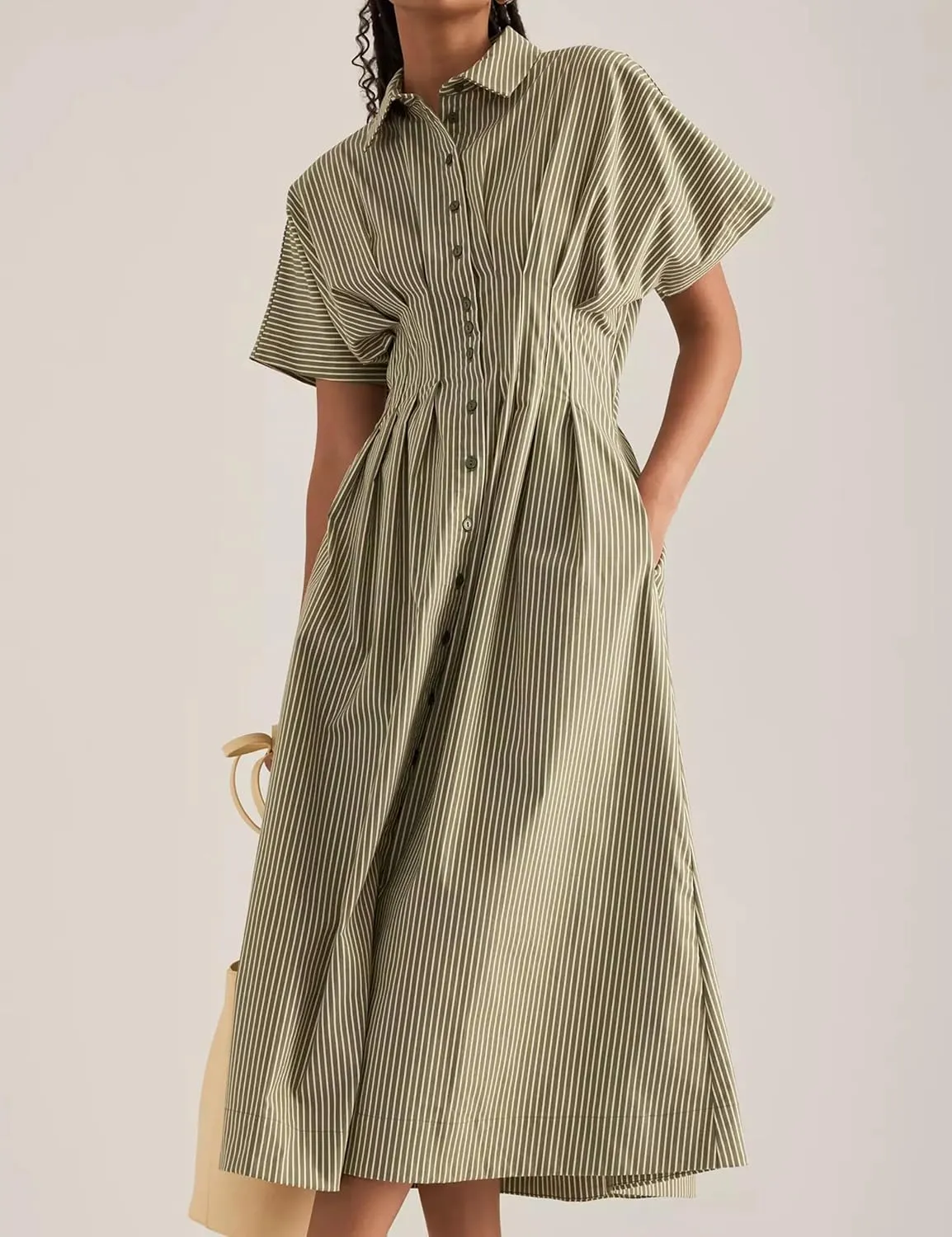 Women Striped Button Front Pleated Maxi Shirt Dress Short Sleeve Collar V Neck Summer Casual Corset Long Dress