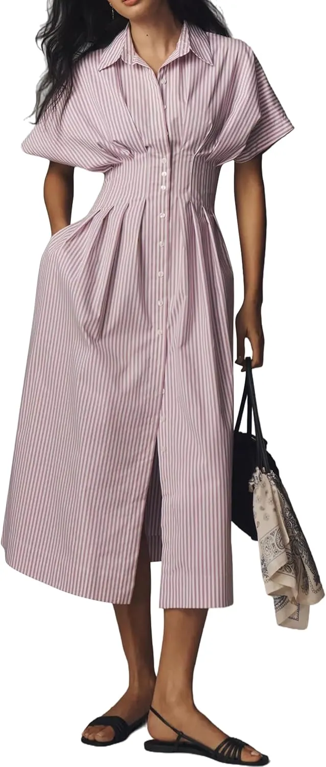 Women Striped Button Front Pleated Maxi Shirt Dress Short Sleeve Collar V Neck Summer Casual Corset Long Dress