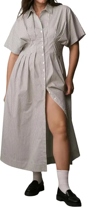 Women Striped Button Front Pleated Maxi Shirt Dress Short Sleeve Collar V Neck Summer Casual Corset Long Dress