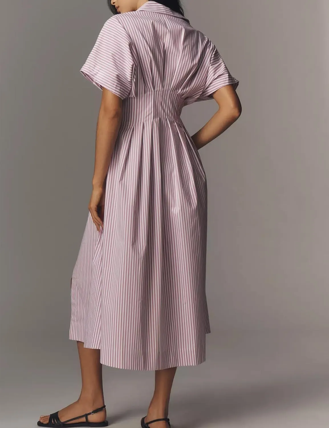 Women Striped Button Front Pleated Maxi Shirt Dress Short Sleeve Collar V Neck Summer Casual Corset Long Dress