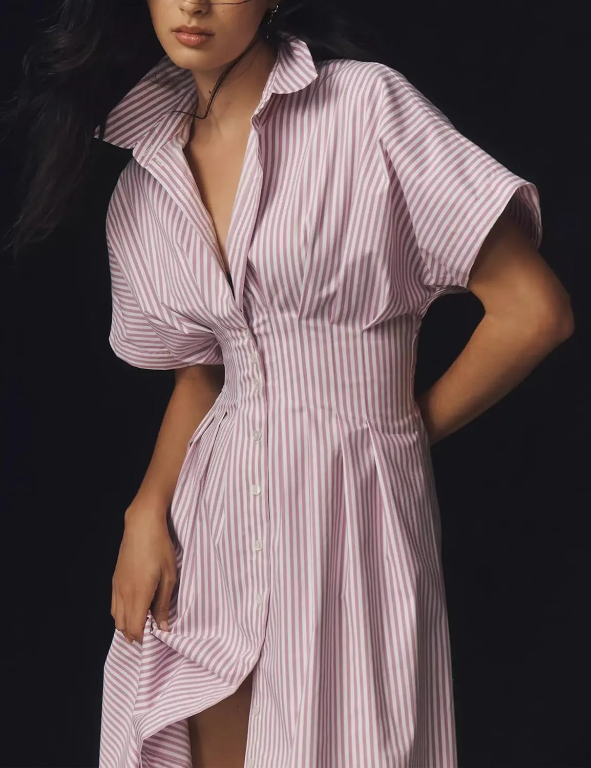 Women Striped Button Front Pleated Maxi Shirt Dress Short Sleeve Collar V Neck Summer Casual Corset Long Dress