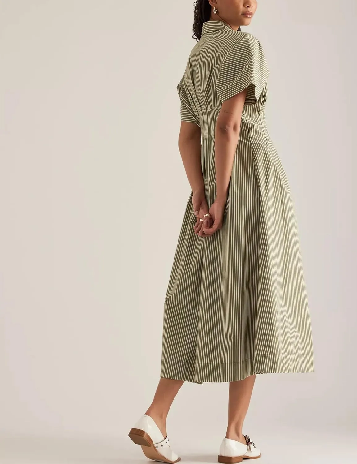 Women Striped Button Front Pleated Maxi Shirt Dress Short Sleeve Collar V Neck Summer Casual Corset Long Dress