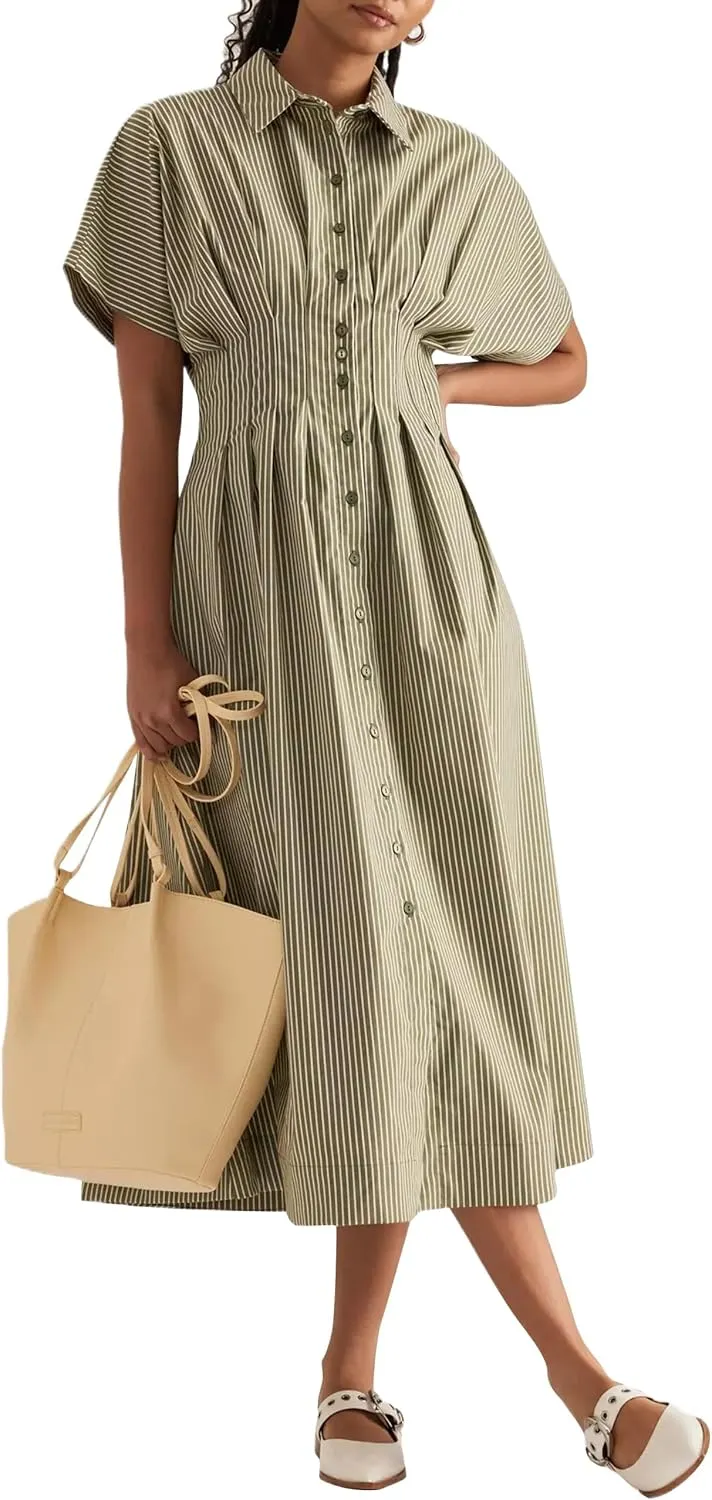 Women Striped Button Front Pleated Maxi Shirt Dress Short Sleeve Collar V Neck Summer Casual Corset Long Dress