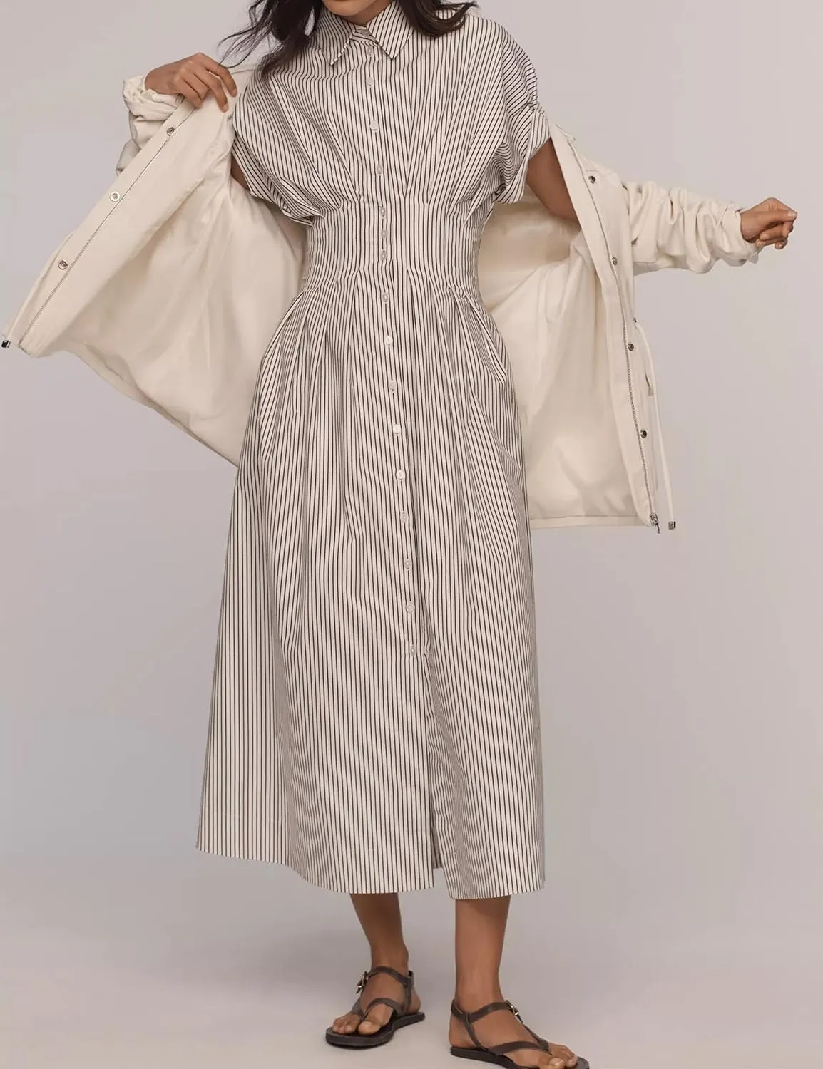Women Striped Button Front Pleated Maxi Shirt Dress Short Sleeve Collar V Neck Summer Casual Corset Long Dress