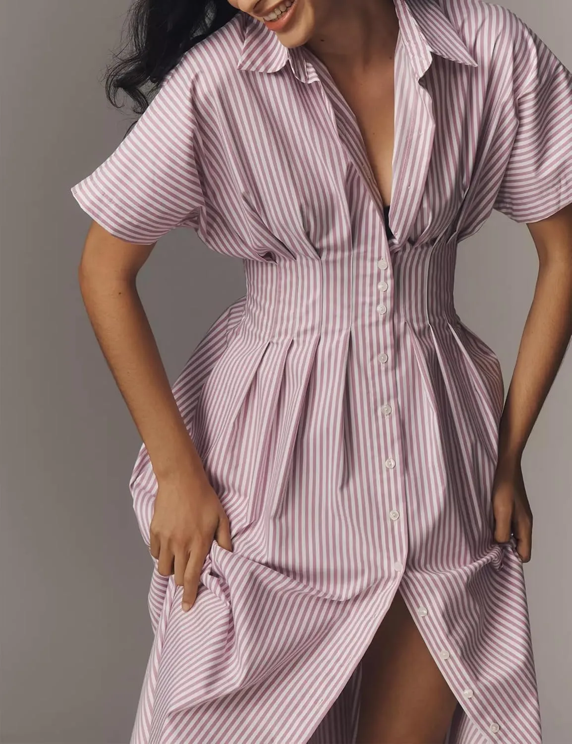 Women Striped Button Front Pleated Maxi Shirt Dress Short Sleeve Collar V Neck Summer Casual Corset Long Dress