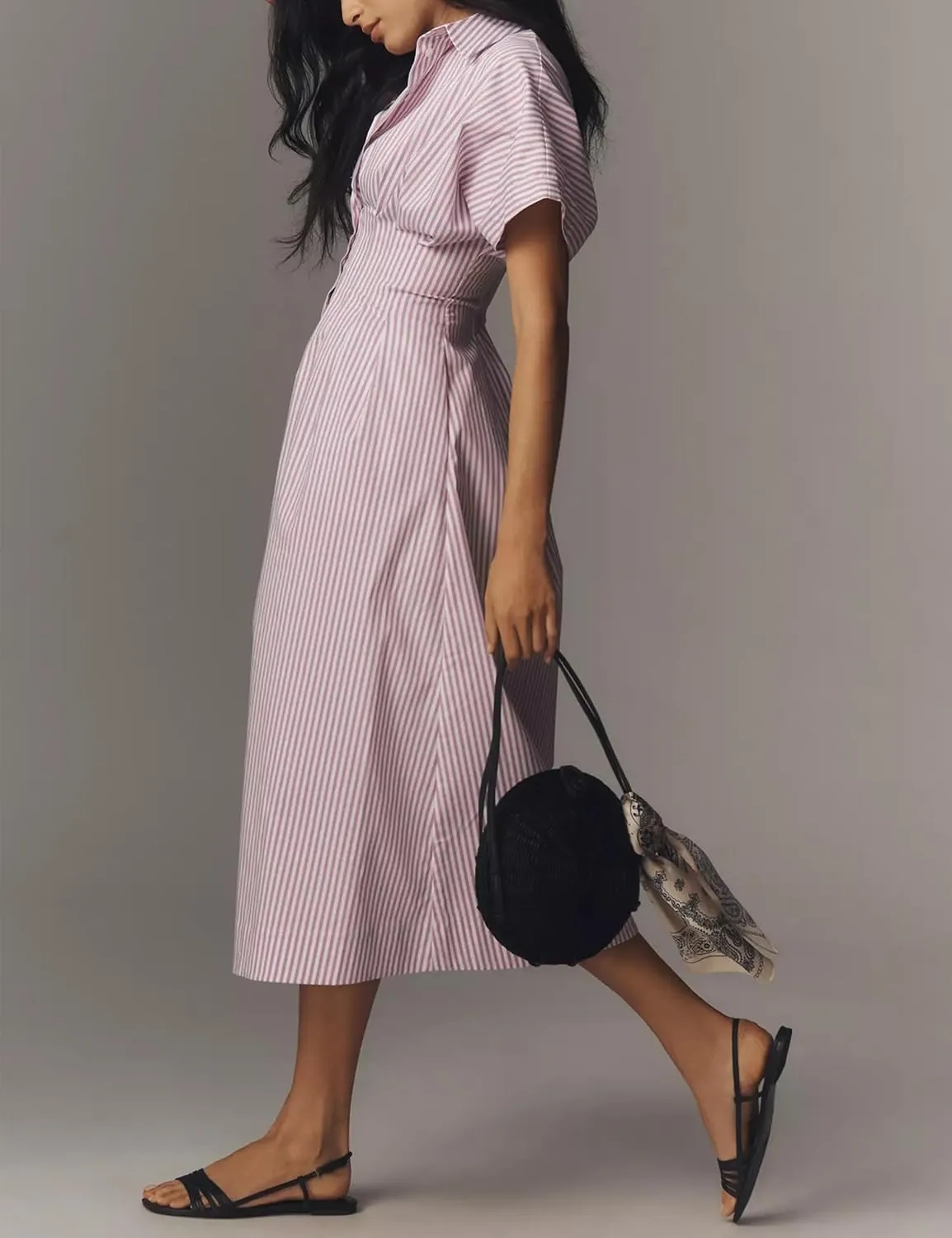 Women Striped Button Front Pleated Maxi Shirt Dress Short Sleeve Collar V Neck Summer Casual Corset Long Dress