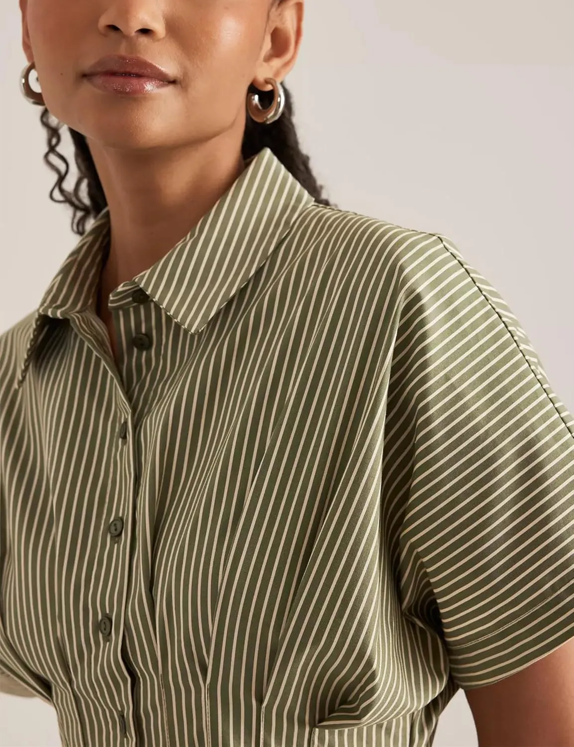 Women Striped Button Front Pleated Maxi Shirt Dress Short Sleeve Collar V Neck Summer Casual Corset Long Dress