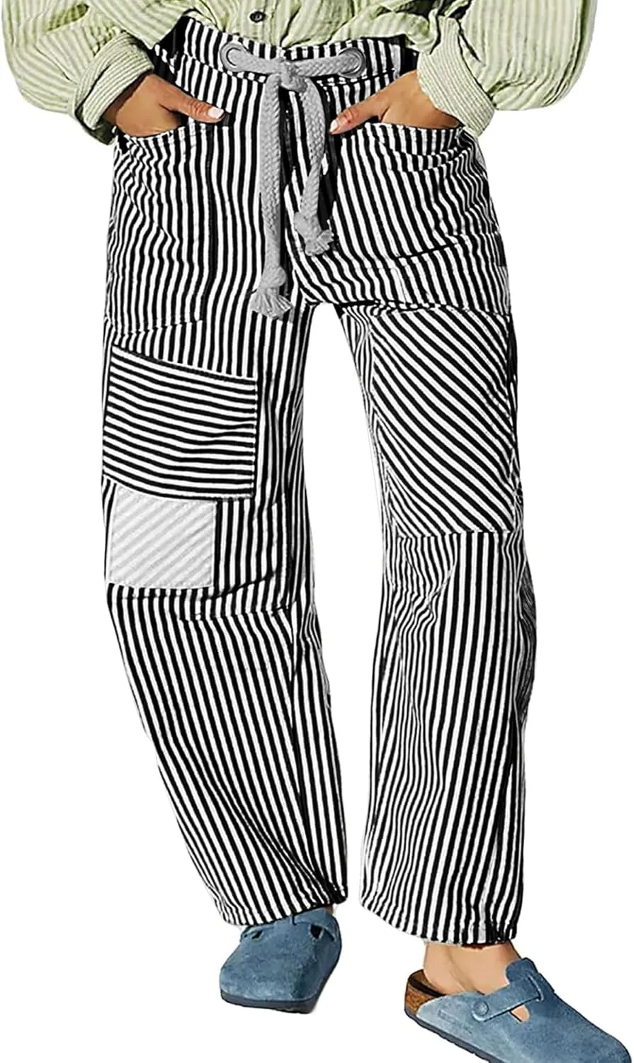 Women Striped Patchwork Jeans High Waist Drawstring Baggy Barrel Wide Leg Denim Pants Casual Trousers with Pockets