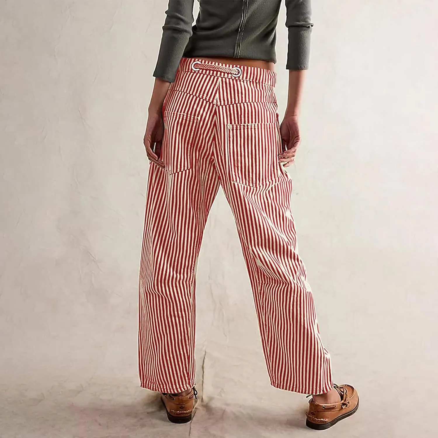 Women Striped Patchwork Jeans High Waist Drawstring Baggy Barrel Wide Leg Denim Pants Casual Trousers with Pockets