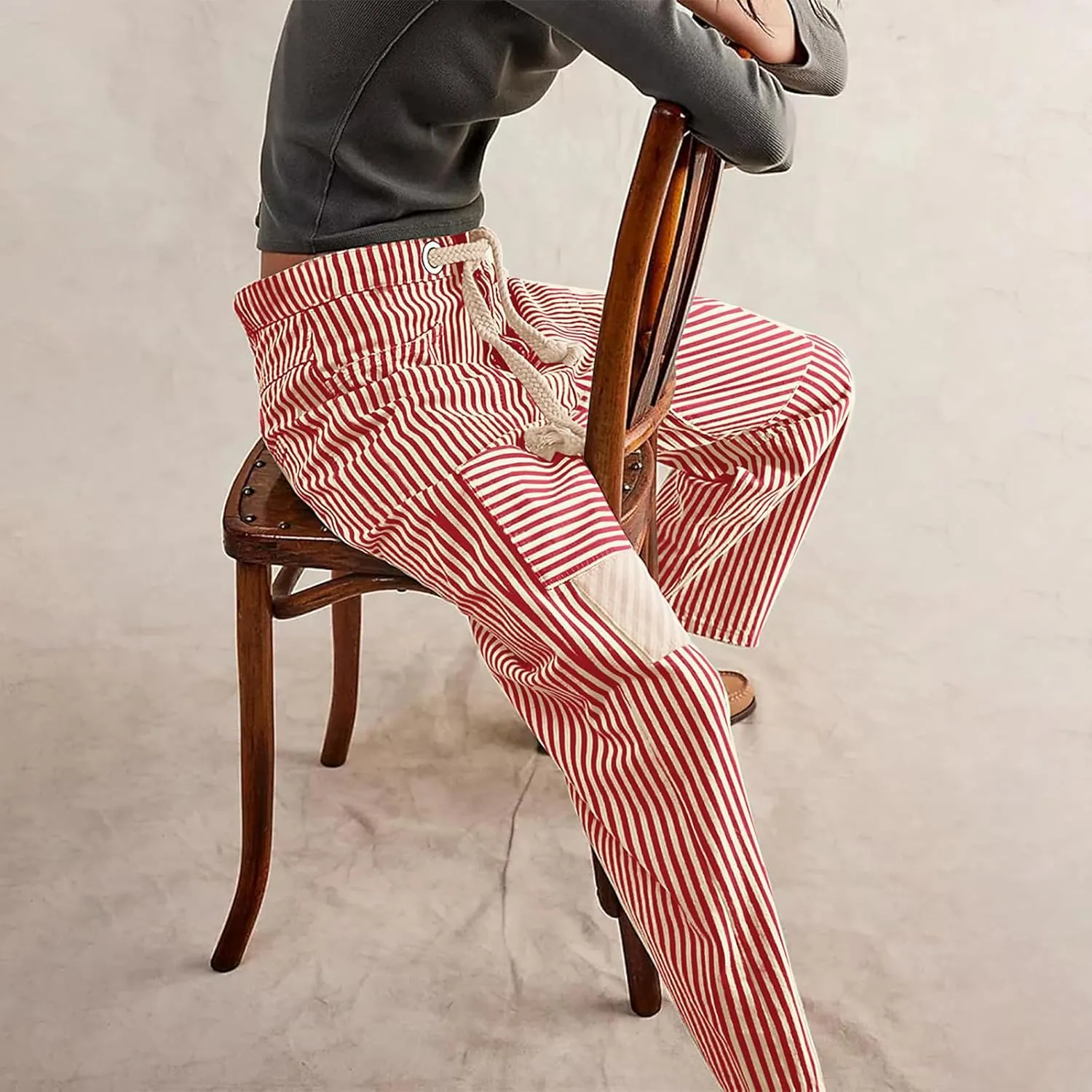 Women Striped Patchwork Jeans High Waist Drawstring Baggy Barrel Wide Leg Denim Pants Casual Trousers with Pockets