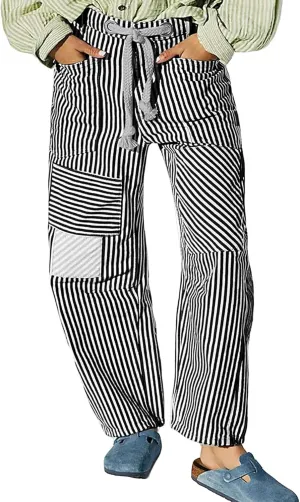 Women Striped Patchwork Jeans High Waist Drawstring Baggy Barrel Wide Leg Denim Pants Casual Trousers with Pockets