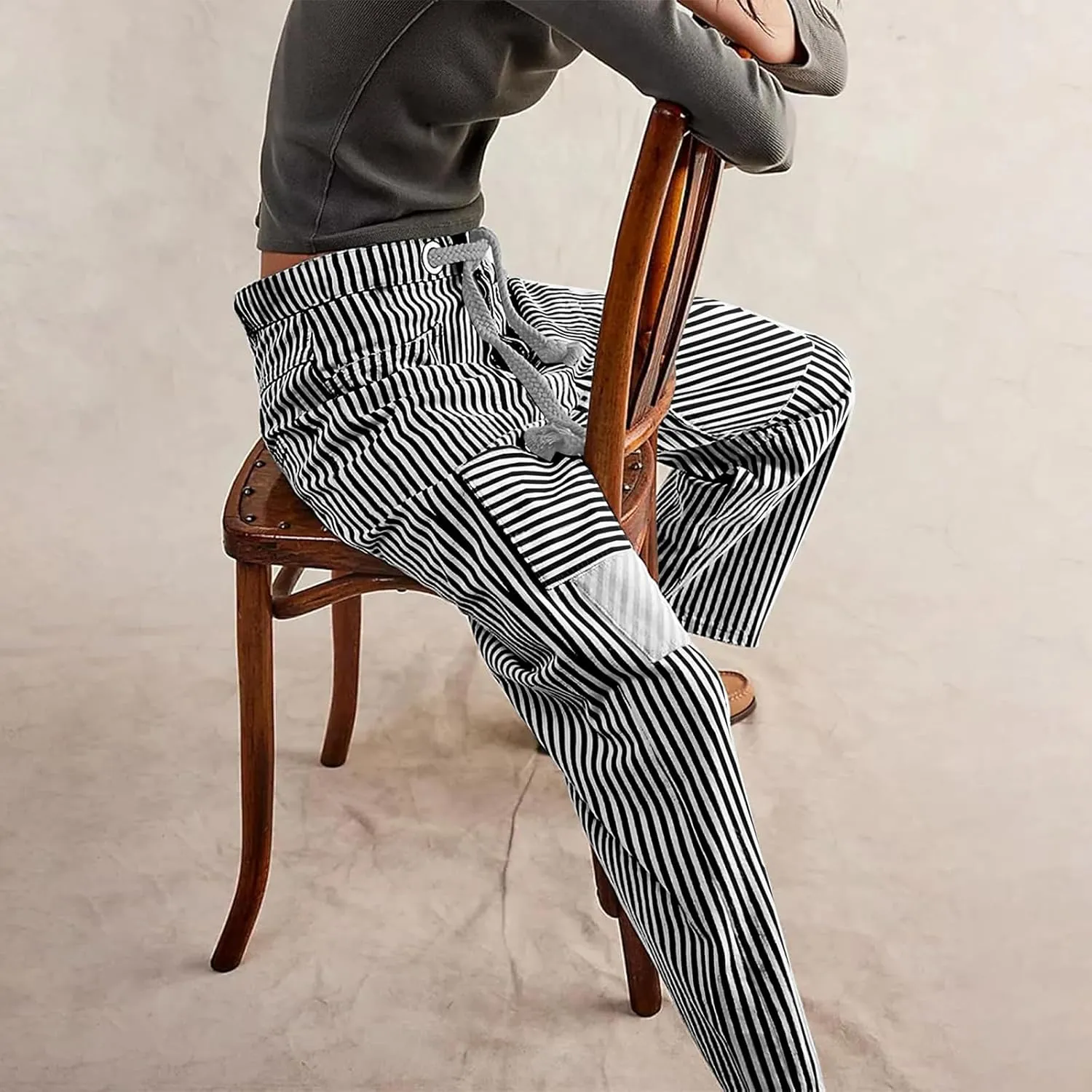 Women Striped Patchwork Jeans High Waist Drawstring Baggy Barrel Wide Leg Denim Pants Casual Trousers with Pockets