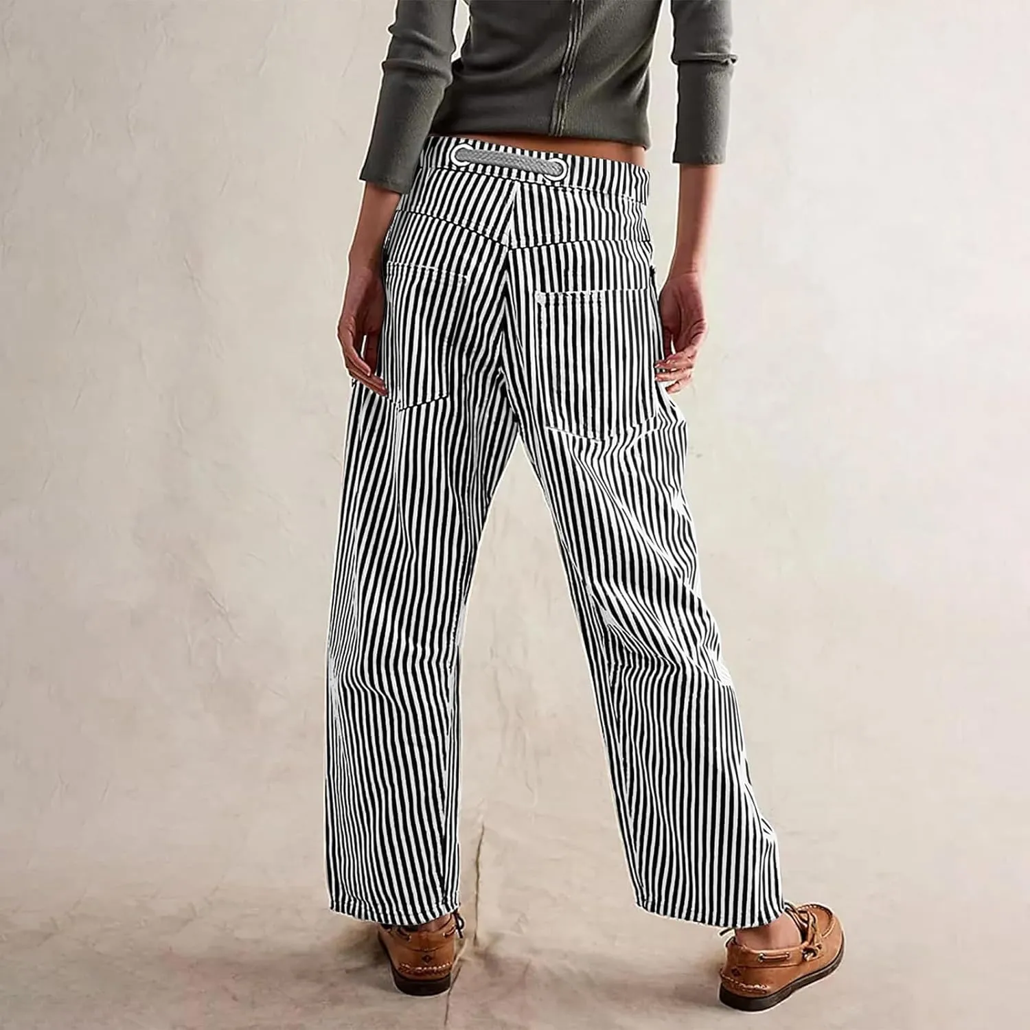 Women Striped Patchwork Jeans High Waist Drawstring Baggy Barrel Wide Leg Denim Pants Casual Trousers with Pockets