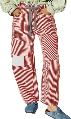 Women Striped Patchwork Jeans High Waist Drawstring Baggy Barrel Wide Leg Denim Pants Casual Trousers with Pockets