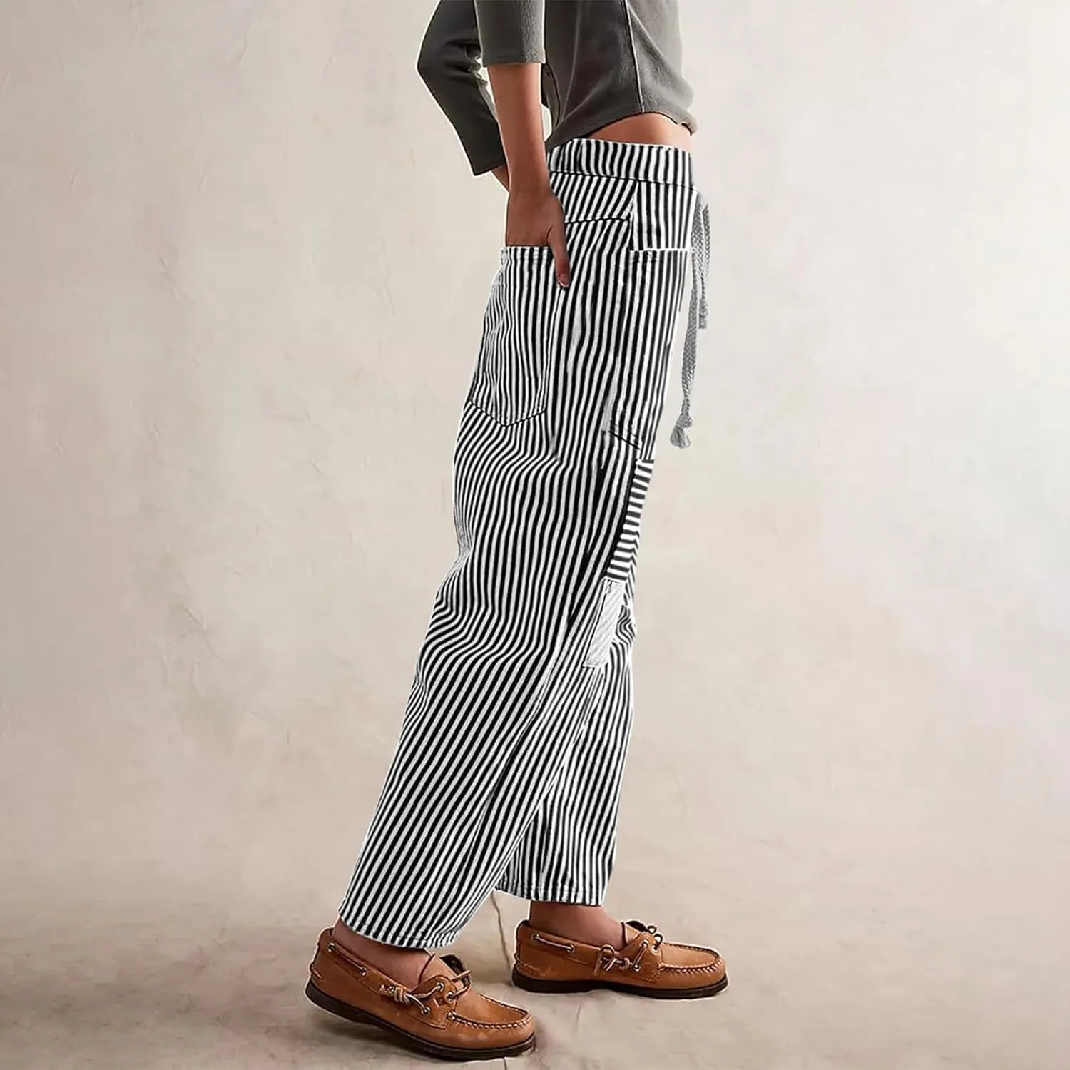 Women Striped Patchwork Jeans High Waist Drawstring Baggy Barrel Wide Leg Denim Pants Casual Trousers with Pockets