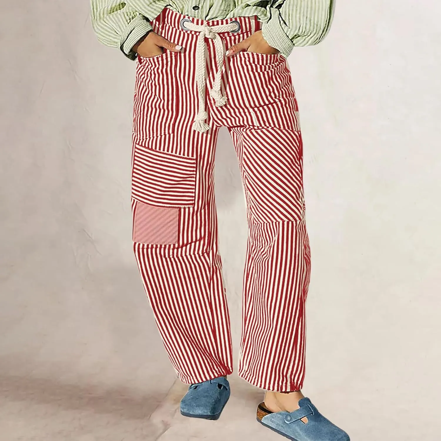 Women Striped Patchwork Jeans High Waist Drawstring Baggy Barrel Wide Leg Denim Pants Casual Trousers with Pockets