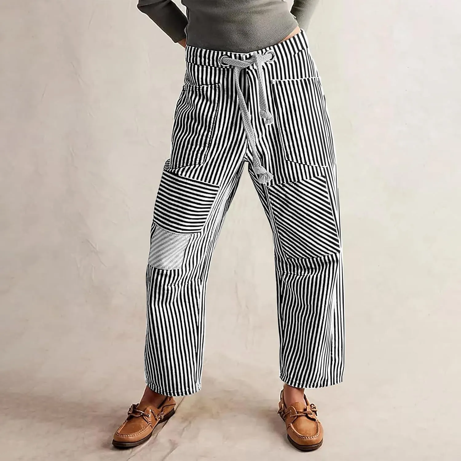 Women Striped Patchwork Jeans High Waist Drawstring Baggy Barrel Wide Leg Denim Pants Casual Trousers with Pockets