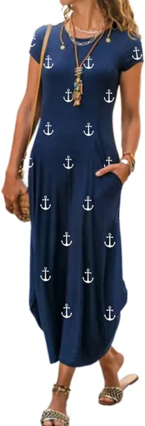 Women Summer Casual Maxi Dress Floral Printed Loose Pockets Short Sleeve Split Boho Dresses